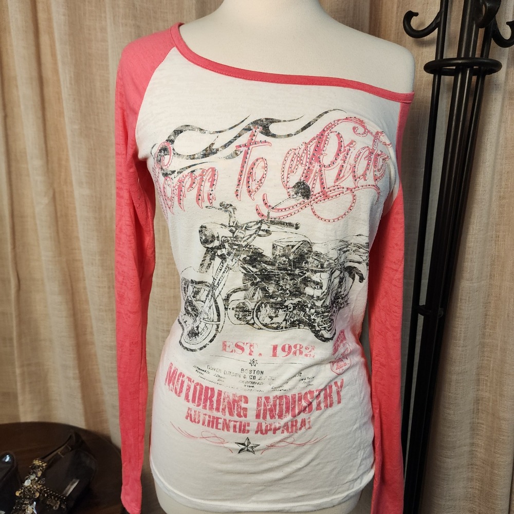 Y2K Daytrip Born to Ride Motorcycle Rhinestone Raglan Top L Pink White